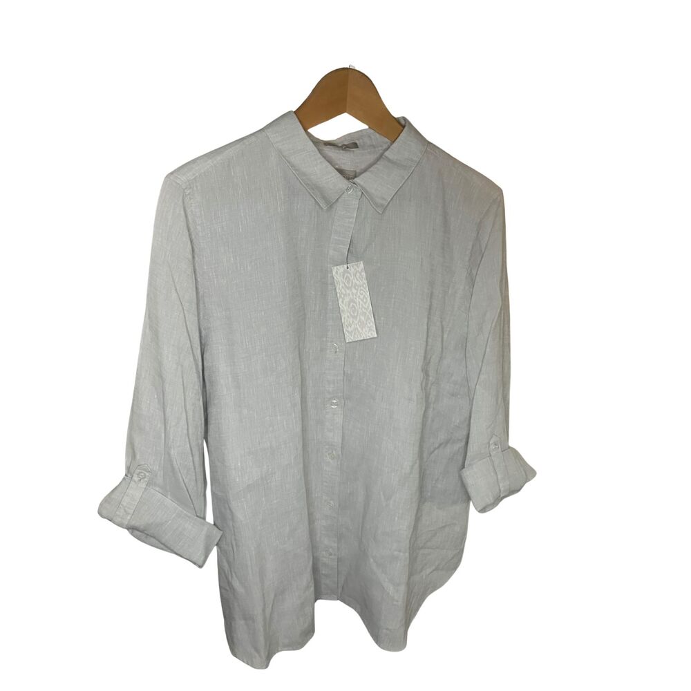 Chico's No Iron Linen Shirt 3 XL Gray Button Down Roll Tab Sleeve NWT - Picture 2 of 8